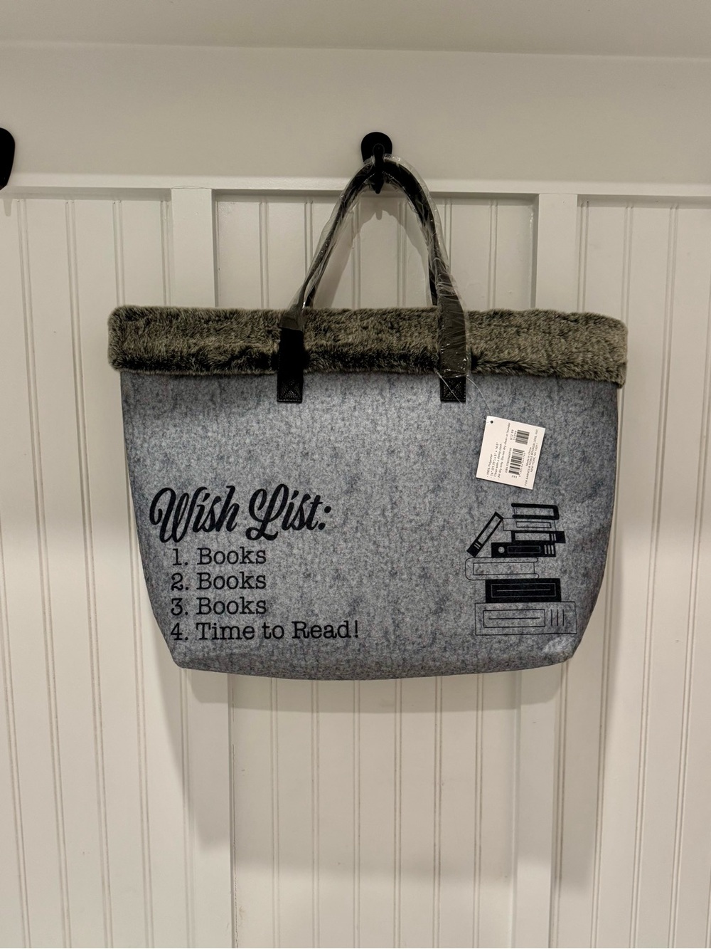 🌺NWT Barnes & Noble Gray Felt Tote Bag W Faux Fur Trim - 'Wish List' Book Tote